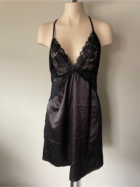 Avidlove Lace & Satin High Slit Chemise Nightgown Slip Dress Black Goth Gothic